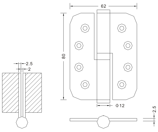 Fabricante de bisagras de puerta de madera con bisagra L&R de acero inoxidable 80 × 62 × 2,5